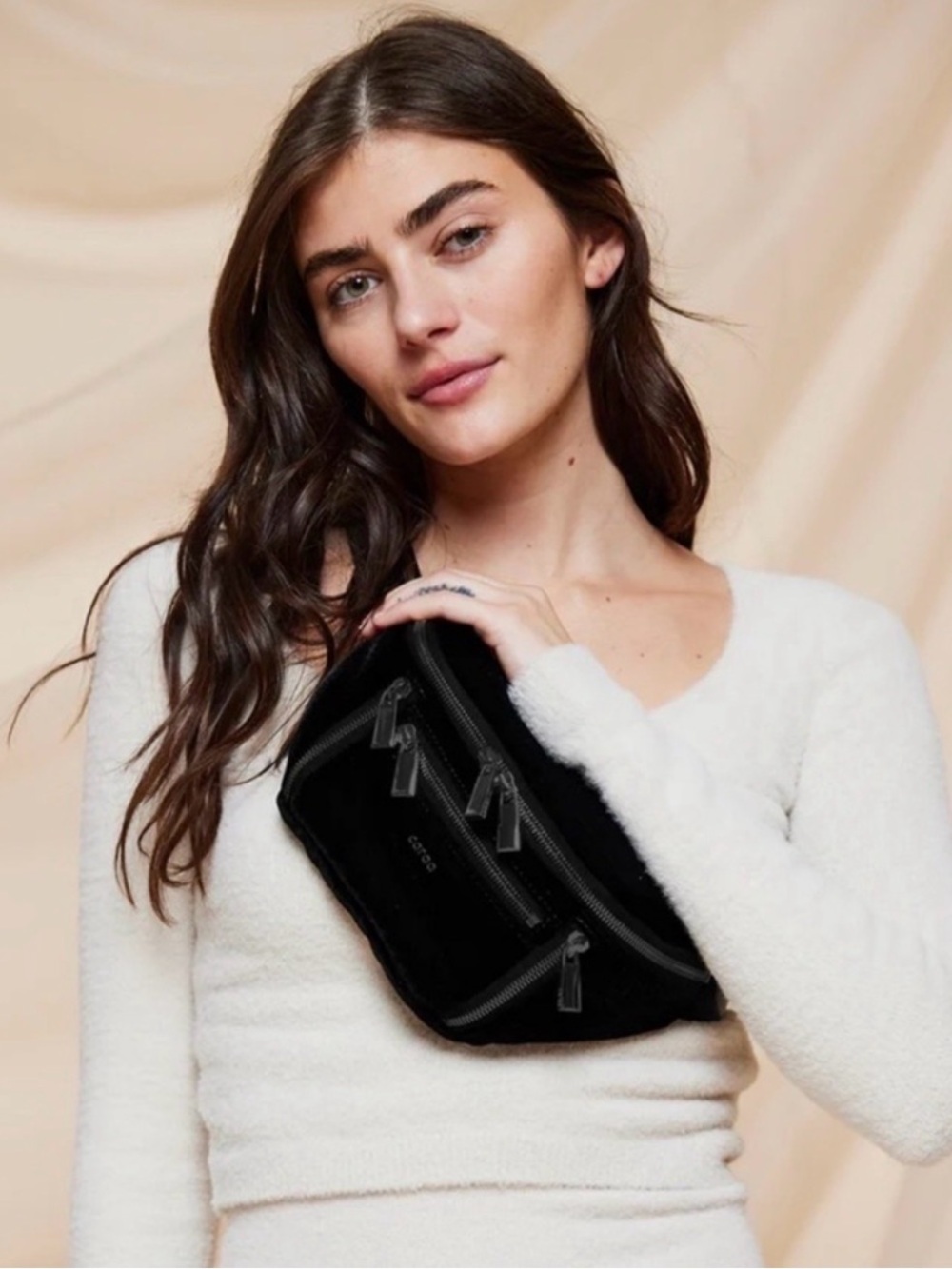 Caraa Black Velvet Stunning Small Sling/Crossbody Belt Bag with Zip Pockets